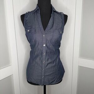 Express Design Studio Sleeveless Button Down Women Medium Blue Chambray Shirt